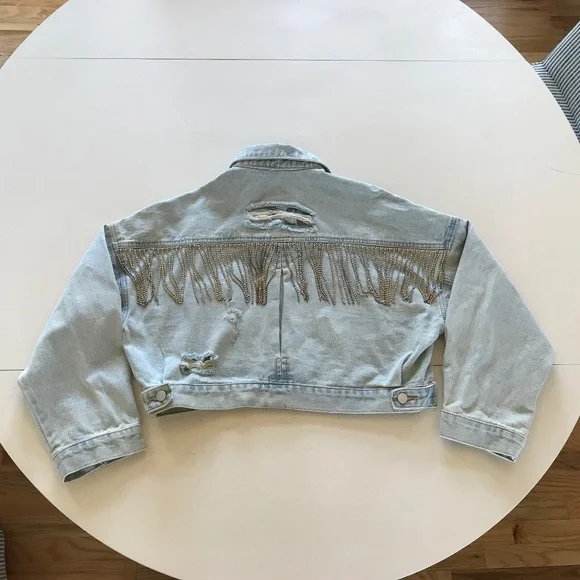 FESTIVAL 🔥 CONCERT RHINESTONE FRINGE 100% COTTON DENIM JACKET - Picture 7 of 14